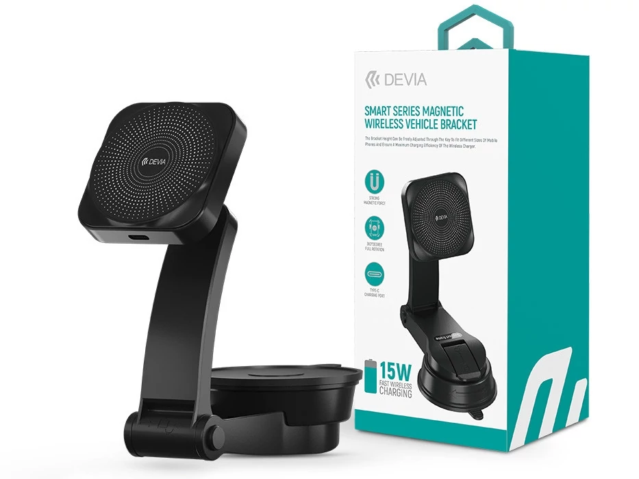 Devia Smart Series Magnetic 15W műszerfalra/szélvédőre vezeték nélküli autós    töltő/tartó - fekete