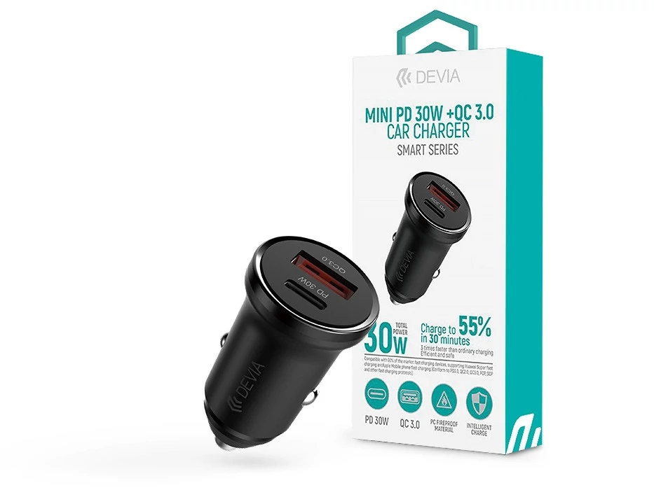Devia Smart Series Mini 30W PD+QC USB+Type-C autós töltő adapter - fekete