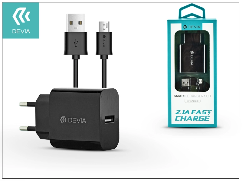 Devia Smart USB hálózati töltő adapter + micro USB kábel 1 m-es vezetékkel -    Devia Smart USB Fast Charge for Android - 5V/2,1A - fekete