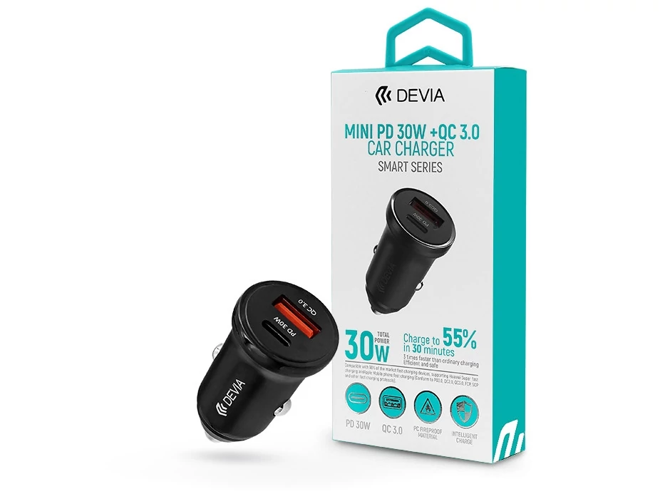 Devia Smart Series 30W PD+QC autós gyorstöltő adapter USB+Type-C - fekete