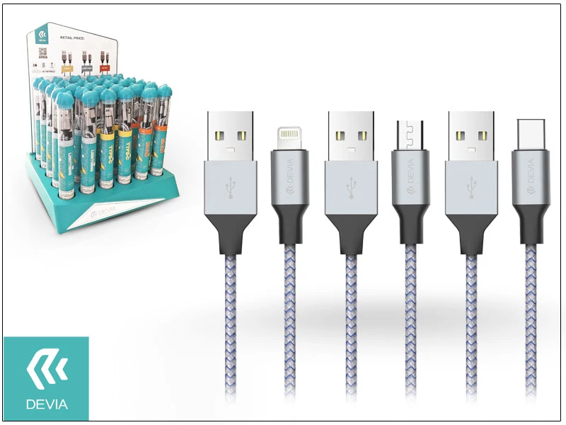Devia Tube 3 USB adat- és töltőkábel szett 1 m-es vezetékkel - Devia Tube for Android/Lightning/Type-C USB 2.4A - 30 db/csomag - silver/blue