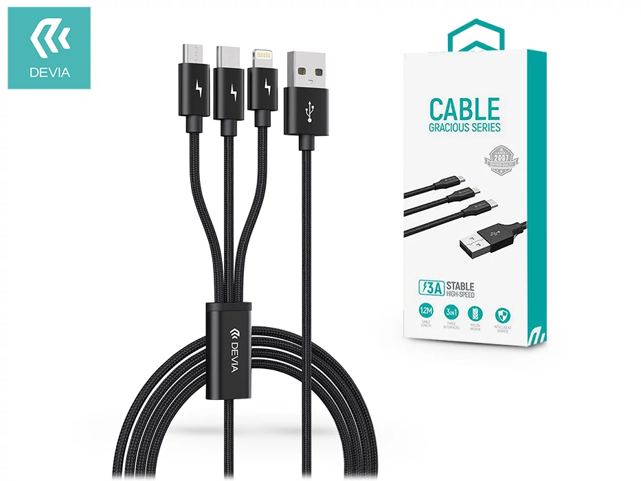 Devia Gracious Series 3in1 15W Lightning/microUSB/Type-C töltőkábel - 1,2 m - fekete