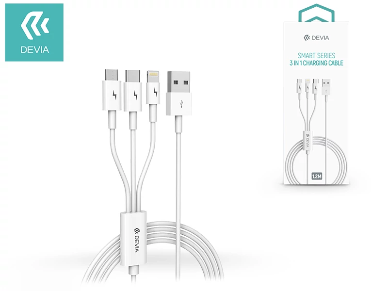 Devia USB töltő- és adatkábel 1,2 m-es vezetékkel - Devia Smart Series 3in1 for Lightning/Android/Type-C - 2A - white