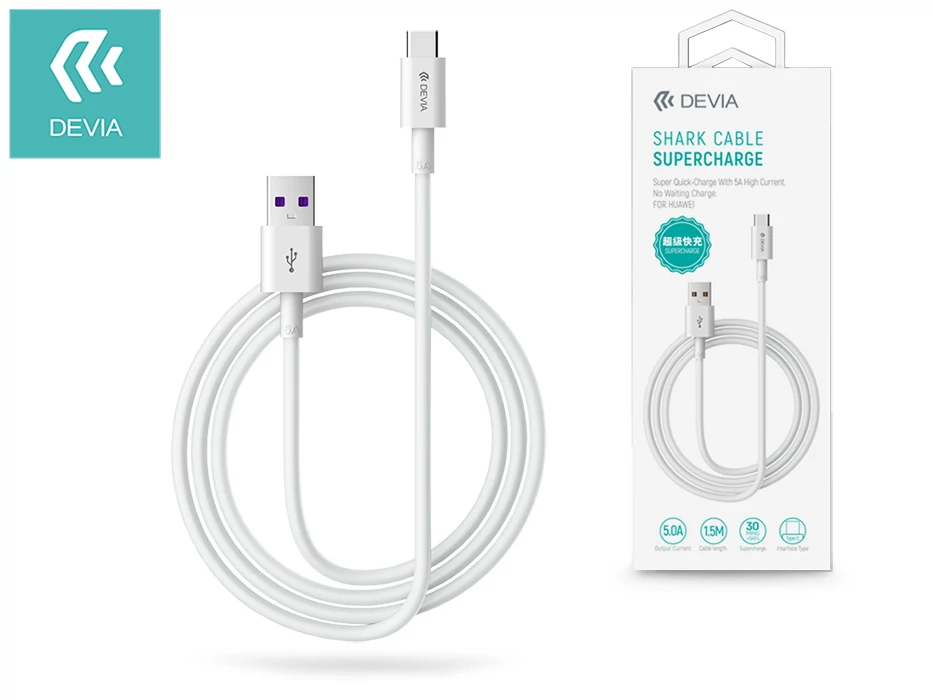Devia Smart Series Shark USB/Type-C töltő- és adatkábel 1,5m - 5A - fehér