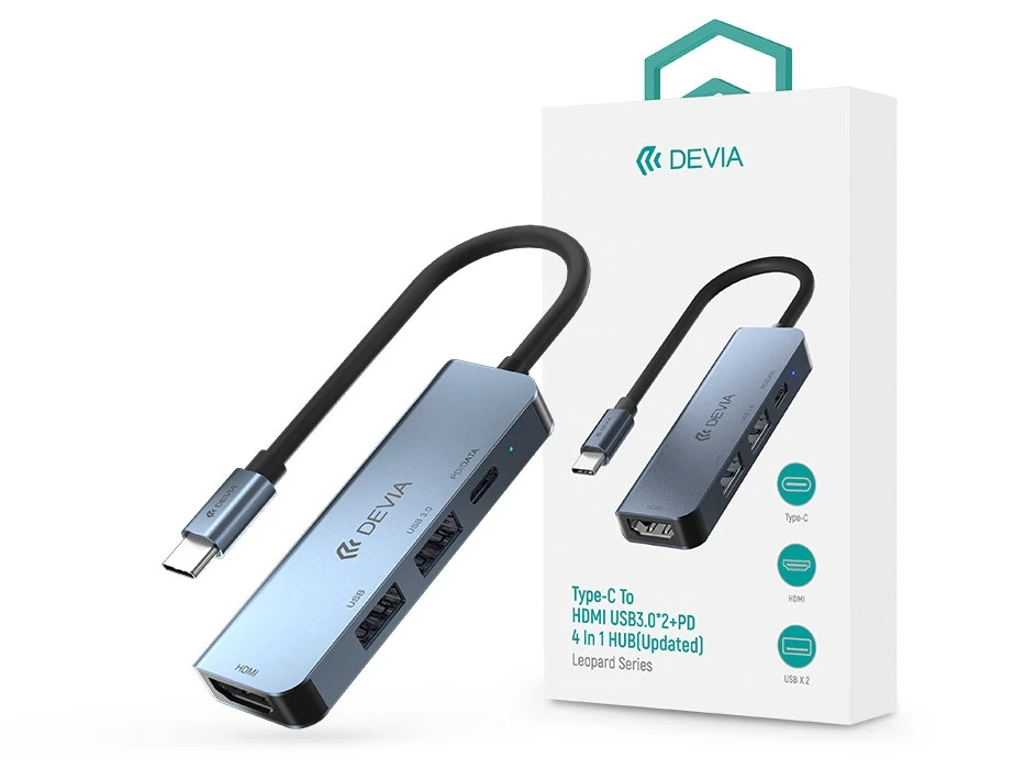 Devia Leopard Series 4 in 1 USB Type-C - 2xUSB/PD/HDMI elosztó/adapter - (Updated) - szürke