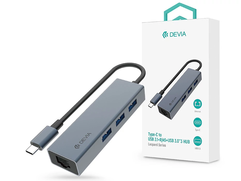 Devia Leopard Series 5 in 1 USB Type-C USB 3.1/RJ45/3xUSB elosztó/adapter - szürke