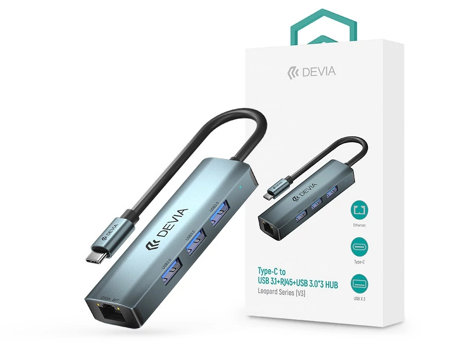 Devia Leopard Series 5 V3 USB Type-C USB 3.1/RJ45/3xUSB3.0 elosztó/adapter - szürke