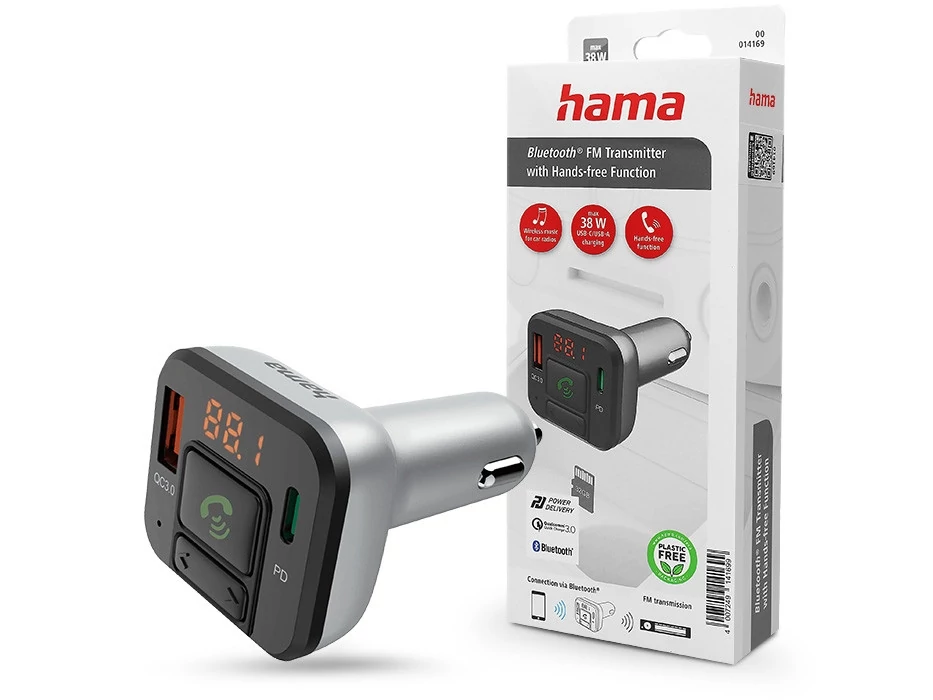 HAMA Bluetooth FM-transmitter/autós töltő PD+QC USB/Type-C/MP3/kártyaolvasó - ezüst/fekete
