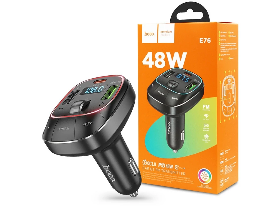 HOCO Bluetooth FM-transmitter/szivargyújtó töltő - 2xUSB + MP3 + PD45W +  QC 3.0- HOCO E76 - fekete