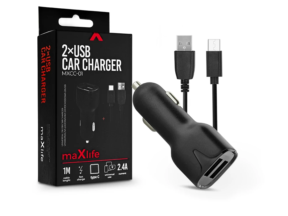 Maxlife MXCC-01 12W 2xUSB autós töltő adapter+USB/Type-C kábel 1m - fekete