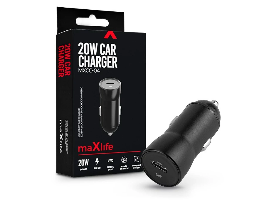 Maxlife MXCC-04 20W PD+QC autós gyorstöltő adapter Type-C - fekete