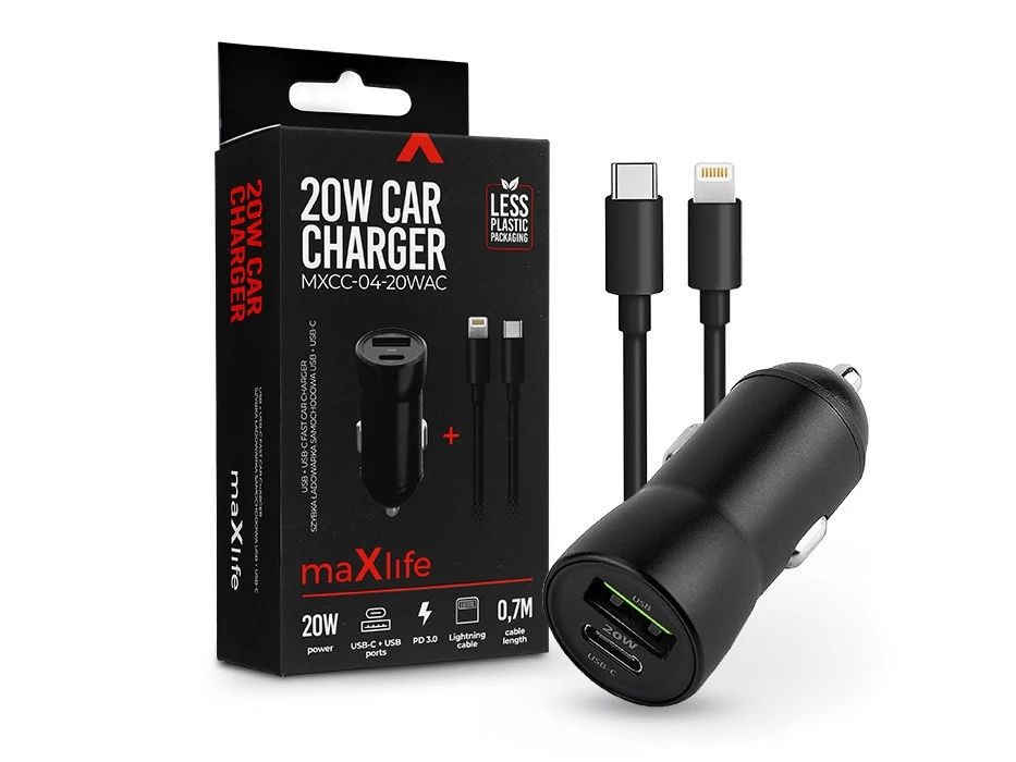 Maxlife MXCC-04 20W PD+QC autós gyorstöltő adapter USB/Type-C Type-C/lightning kábel - fekete