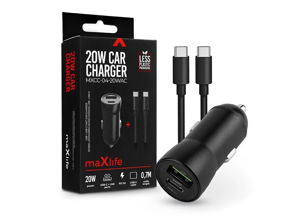 Maxlife MXCC-04 20W PD+QC autós gyorstöltő adapter USB/Type-C Type-C/Type-C kábel - fekete