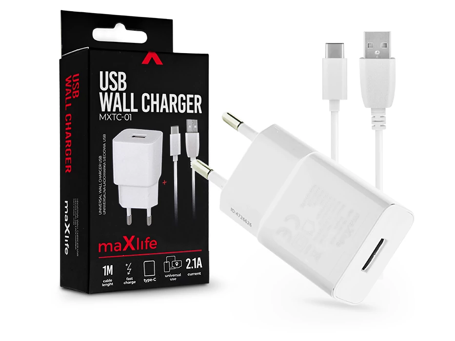 Maxlife MXTC-01 10W hálózati töltő adapter + USB/Type-C kábel 1m - fehér