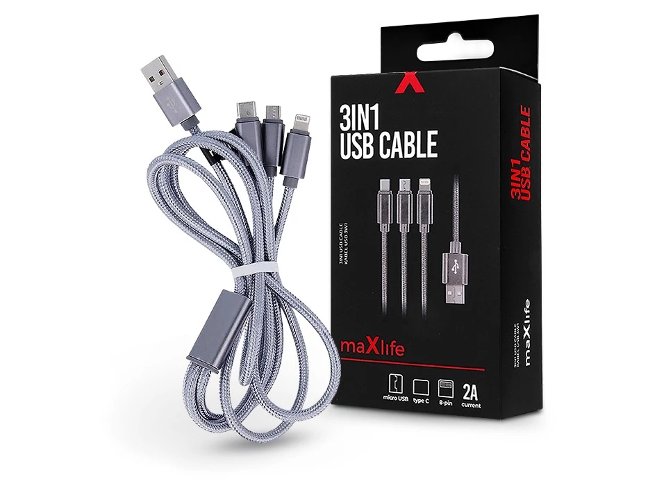 Maxlife 3 in 1 10W Lightning/microUSB/Type-C USB Cable töltő- és adatkábel 1m - ezüst