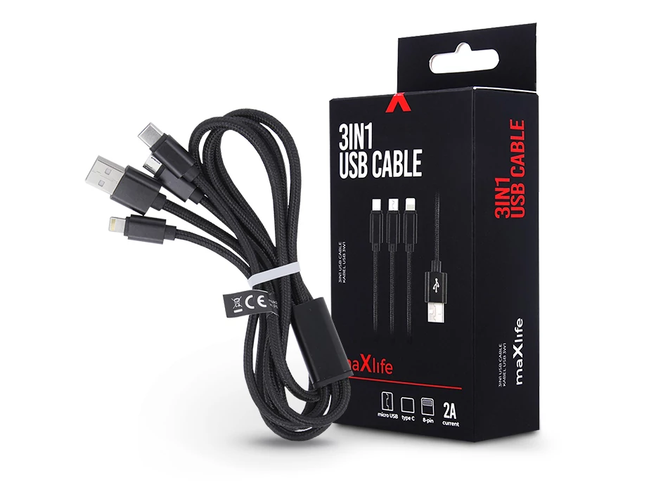 Maxlife 3 in 1 10W Lightning/microUSB/Type-C USB Cable töltő- és adatkábel 1m - fekete