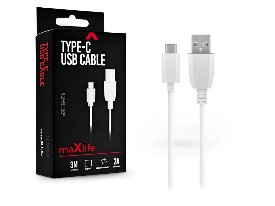 Maxlife 10W USB/Type-C adat- és töltőkábel 3m - fehér