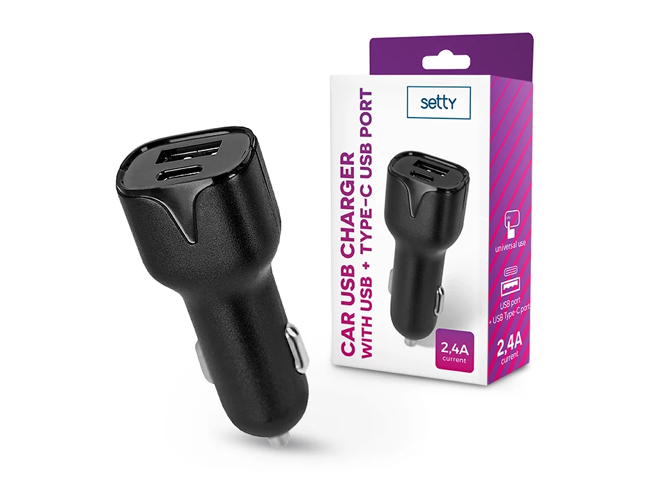 Setty autós töltő adapter USB + Type-C -12W - fekete