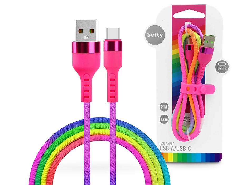Setty 10W USB/Type-C adat- és töltőkábel 1,2m - szivárvány