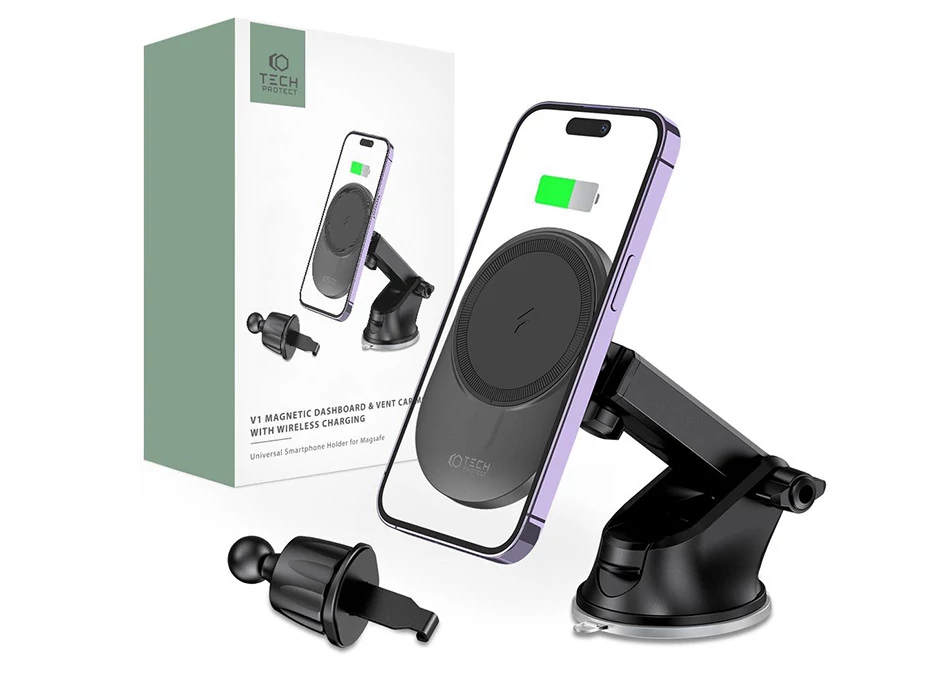 Tech-Protect Qi vezeték nélküli, szellőzőrácsba illeszthető/műszerfalra szerelhető autós tartó/gyorstöltő MagSafe vezeték nélküli funkcióval - Tech-Protect MM15W-V1 - fekete