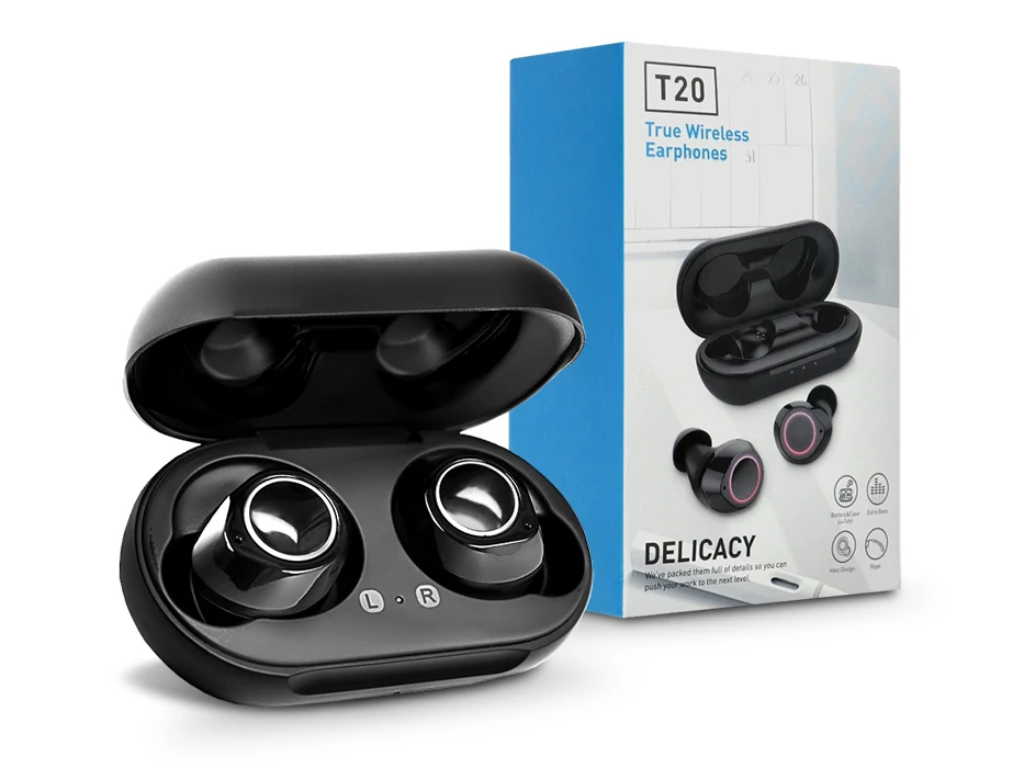 TWS Bluetooth sztereó headset v5.0 + töltőtok - TWS T20 Delicacy True Wireless Earphone - fekete