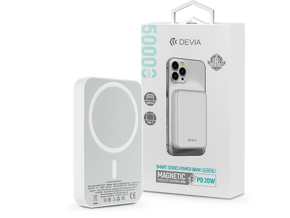 Devia Kintone Series V2 Magnet PD 20W powerbank - Lightning/Type-C - 5000 mAh - fehér