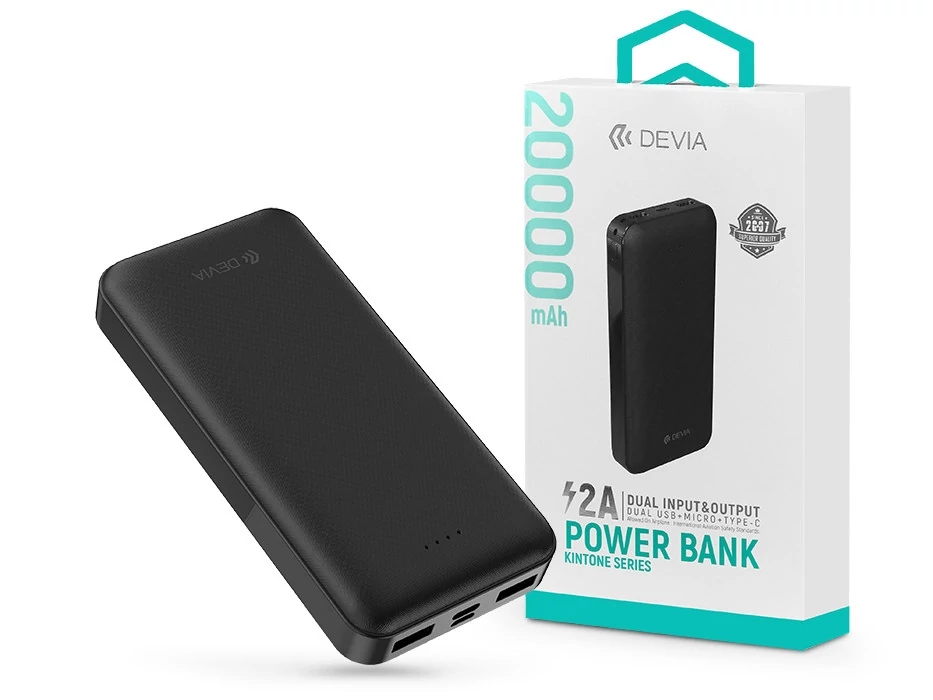 Devia Kintone Series V2 - 2xUSB + Type-C + microUSB - powerbank - 20.000 mAh - fekete
