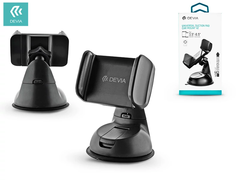 Devia műszerfalra / szélvédőre helyezhető autós tartó 3,5-6'' méretű            készülékekhez- Devia Universal Suction Pad Car Mount V2 - fekete